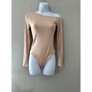 Trouvé Womens Ribbed Knit Bodysuit Long Sleeve Off Shoulder Beige Size S